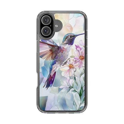 Clear Hummingbird Phone Case - Floral Stained Glass Design, Wireless Charging Compatible