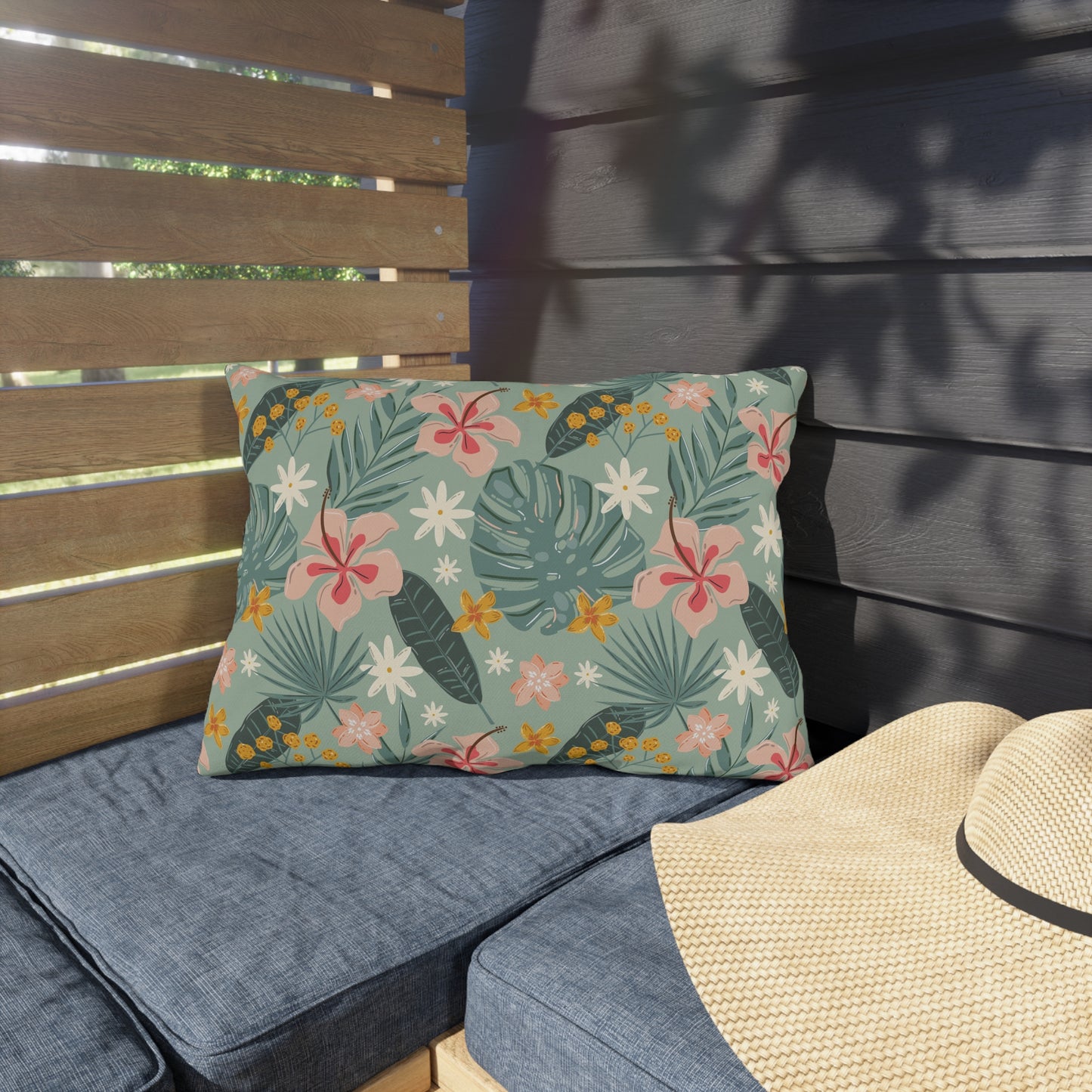 Palm Leaf & Hibiscus - Outdoor Throw Pillow