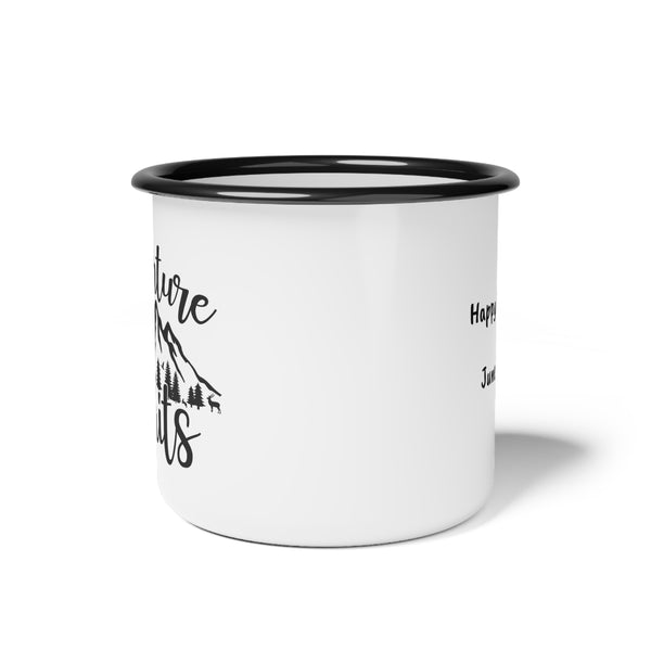 Personalized Retirement Mug, 12 oz Enamel Camp Cup, Adventure Awaits