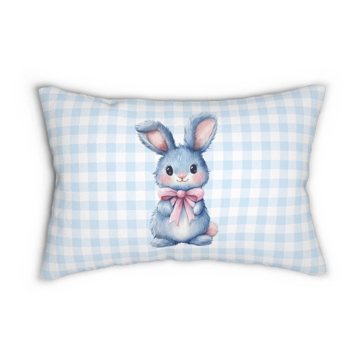 Baby Blue Bunny Lumbar Pillow, Double-Sided Gingham Easter Cushion with Cute Rabbit & Soft Pastel Back for Nursery Decor