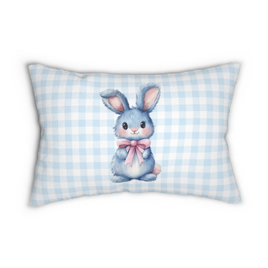 Baby Blue Bunny Lumbar Pillow, Double-Sided Gingham Easter Cushion with Cute Rabbit & Soft Pastel Back for Nursery Decor