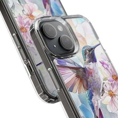 Clear Hummingbird Phone Case - Floral Stained Glass Design, Wireless Charging Compatible