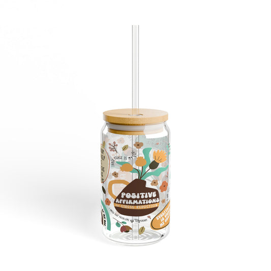 Positive Affirmations Iced Coffee Glass With Lid and Straw, 16oz Motivational Can Glass, Stress Reduction Libbey Cup, 16oz Glass Cup
