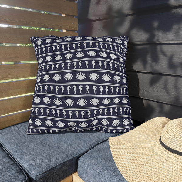 Navy Blue and White Seahorses and Shells Outdoor Pillow