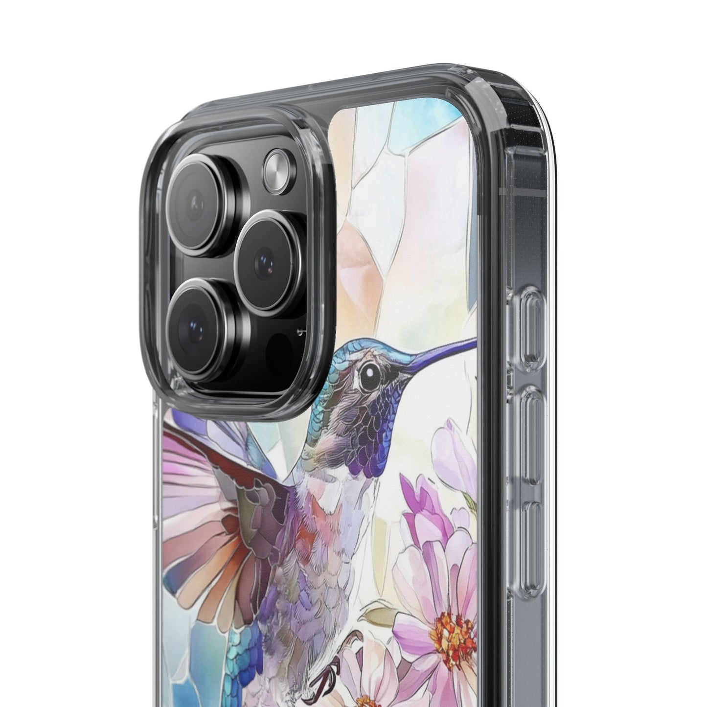 Clear Hummingbird Phone Case - Floral Stained Glass Design, Wireless Charging Compatible