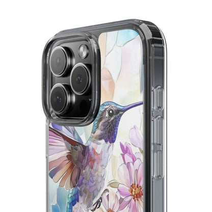 Clear Hummingbird Phone Case - Floral Stained Glass Design, Wireless Charging Compatible