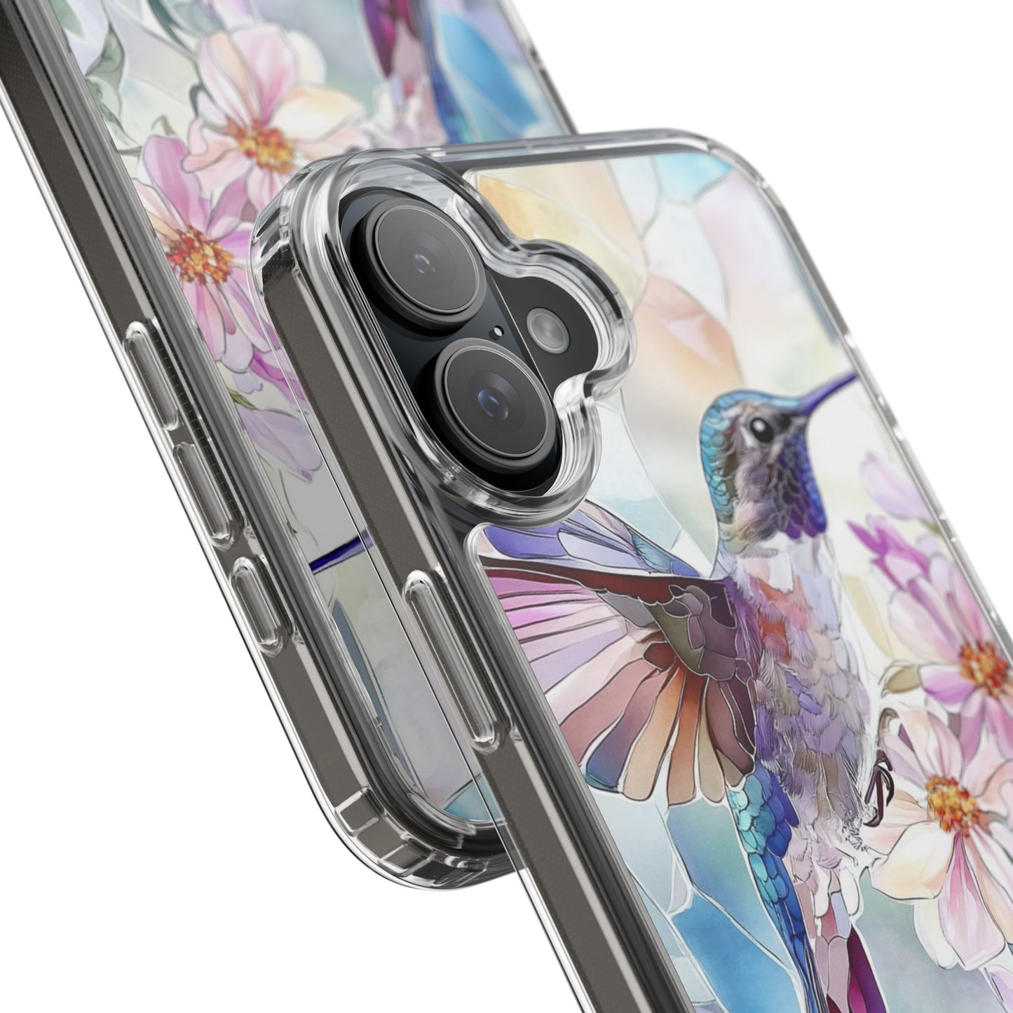 Clear Hummingbird Phone Case - Floral Stained Glass Design, Wireless Charging Compatible
