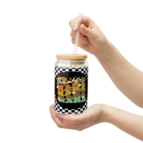 Thankful Mama 16oz Glass, Mama Can Glass, Christmas Gift, Thanksgiving, Glass Jar with Lid and Straw, 16oz Glass Cup, Libbey Cup