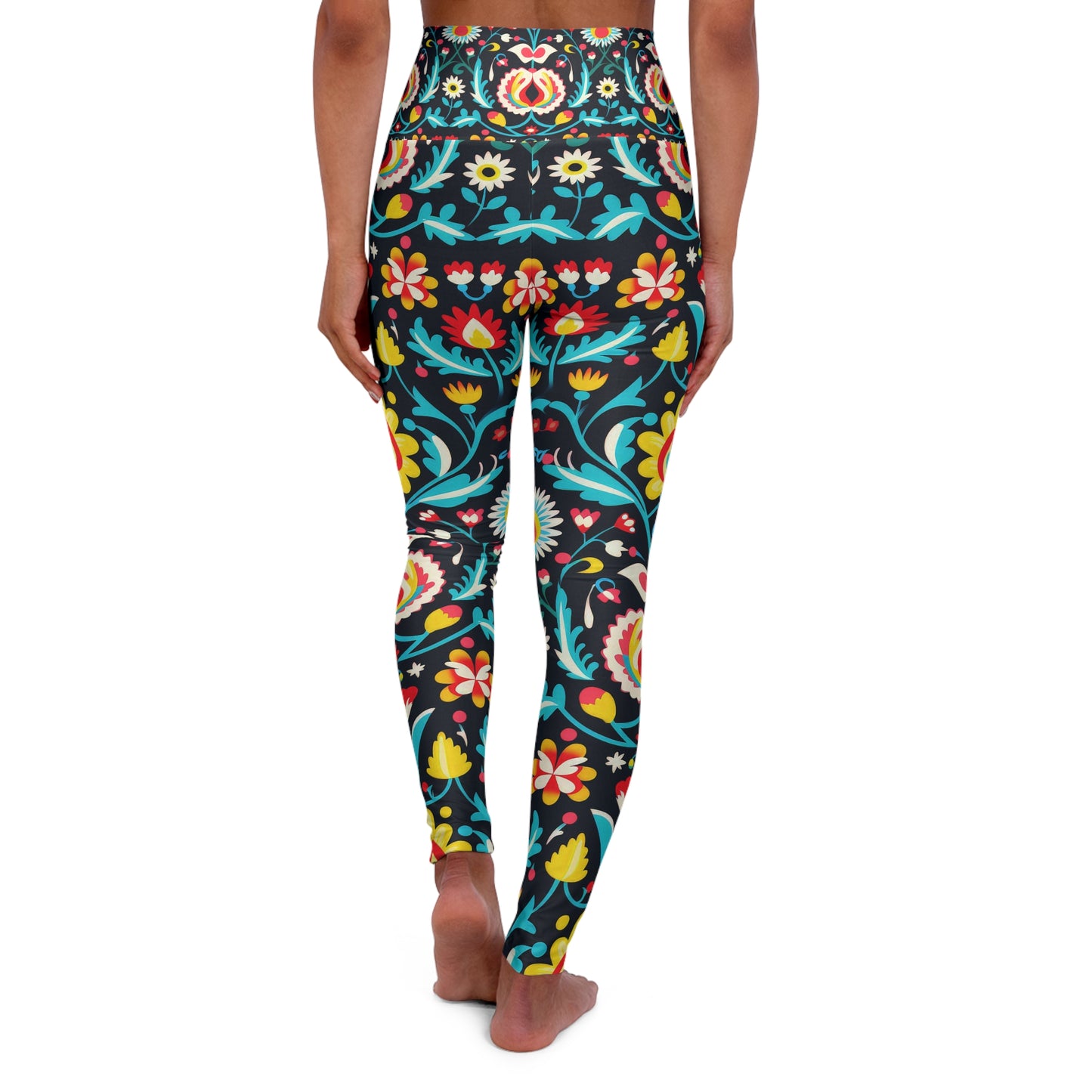 Midnight Folk Art High Waisted Leggings – Vibrant Boho Floral Print
