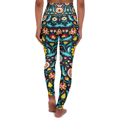 Midnight Folk Art High Waisted Leggings – Vibrant Boho Floral Print