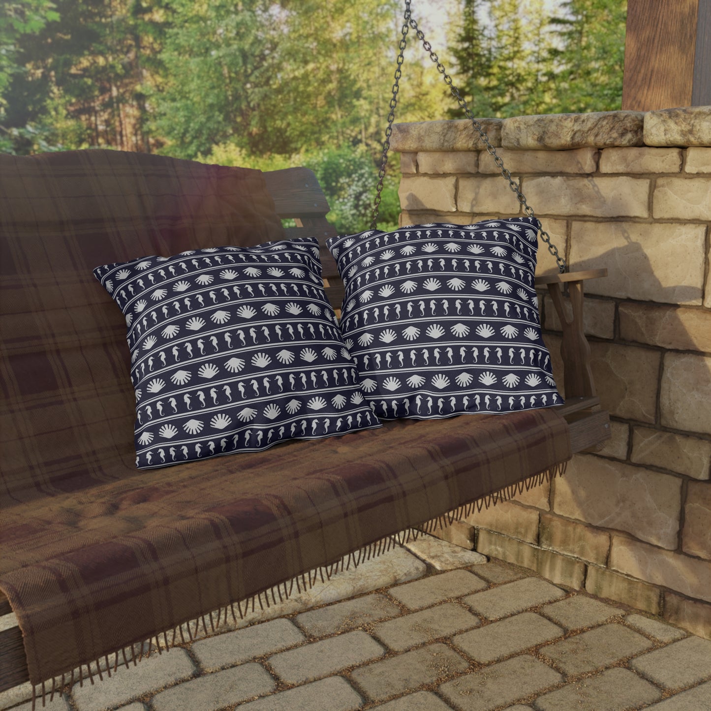 Navy Blue and White Seahorses and Shells Outdoor Pillow