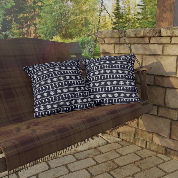 Navy Blue and White Seahorses and Shells Outdoor Pillow