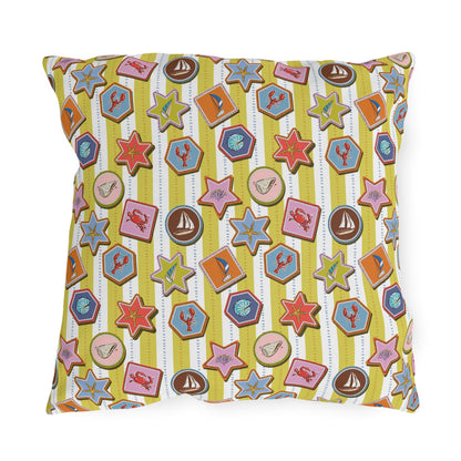 Coastal Nautical Outdoor Throw Pillow – Beach House Patio Cushion with Lobsters, Sailboats & Seashells