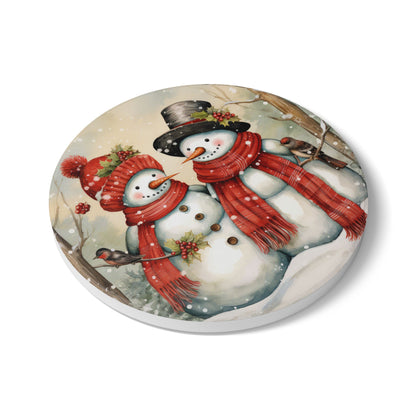 Snowman Holiday Ceramic Coaster Set, Christmas Decor, Winter Drinkware, Gift for Him/Her, Cozy Home Accents