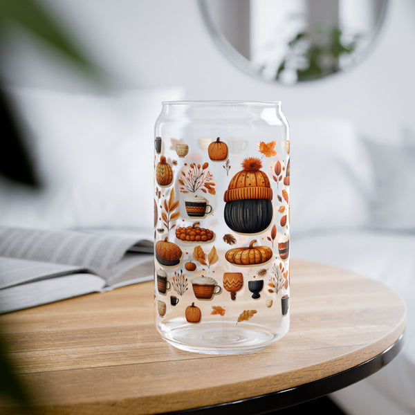 Fall 16oz Glass, Fall Icon Can Glass, Pumpkin Spice Cup, Glass Jar with Lid and Straw, 16oz Glass Cup, Libbey Cup