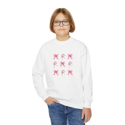 Youth Crewneck Sweatshirt — Pink Ballet Bow Grid Graphic for Girls, Cute Dance Crewneck