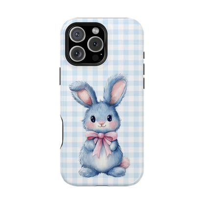 Cute Bunny on Blue Plaid MagSafe iPhone Case
