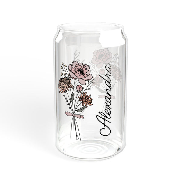 Personalized November Flower 16oz Can Glass - Stylish Sipper with Bamboo Lid and Straw