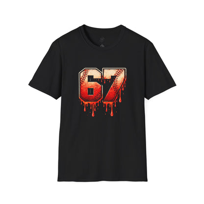 67 Baseball Drip T-Shirt - Vintage Distressed Sports Jersey Style - Grunge Streetwear Graphic Tee for Men & Women