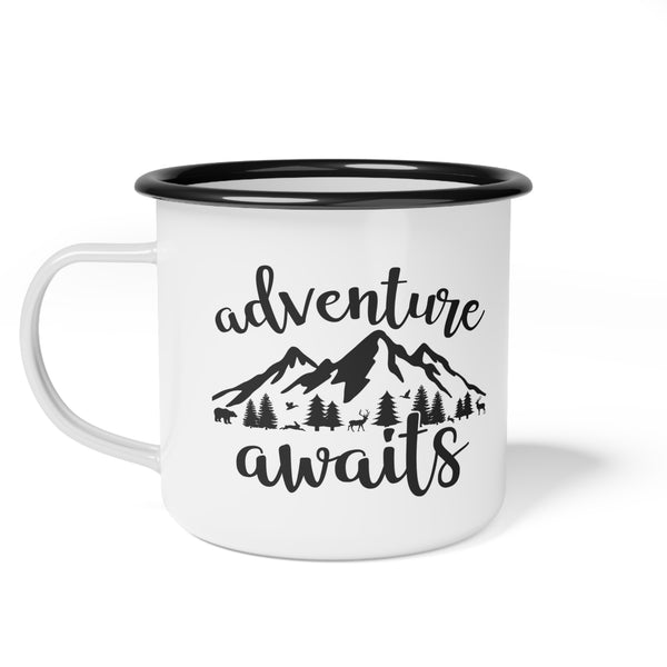 Personalized Retirement Mug, 12 oz Enamel Camp Cup, Adventure Awaits