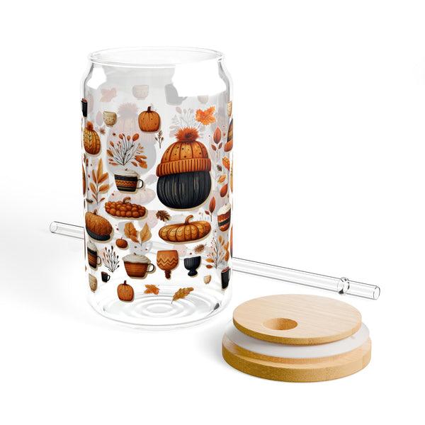 Fall 16oz Glass, Fall Icon Can Glass, Pumpkin Spice Cup, Glass Jar with Lid and Straw, 16oz Glass Cup, Libbey Cup