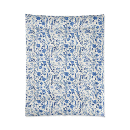 Blue Toile Floral Comforter - Cozy Bedding for Modern Bedrooms, Flower Pattern Bedspread, Spring Decor, Gift for Her
