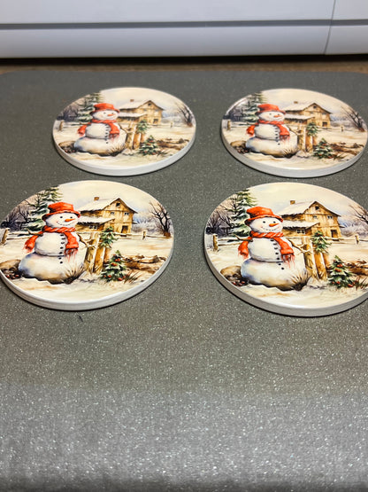 Christmas Snowman Coasters Set | 4” Ceramic Holiday Table Accents