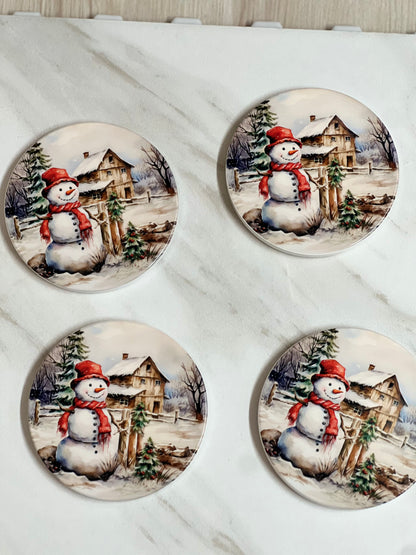 Christmas Snowman Coasters Set | 4” Ceramic Holiday Table Accents