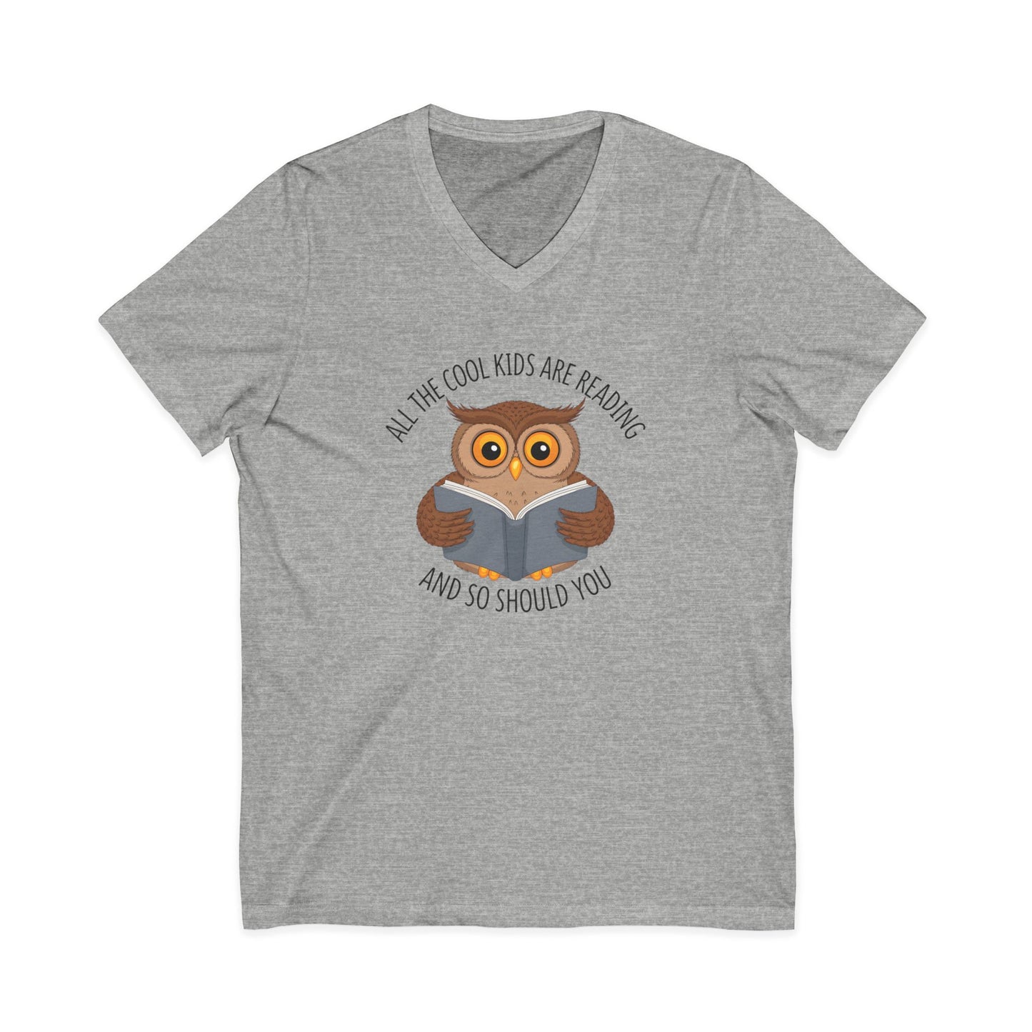 Gray v-neck t-shirt featuring a cartoon owl reading a book with the text All The Cool Kids Are Reading And So Should You.