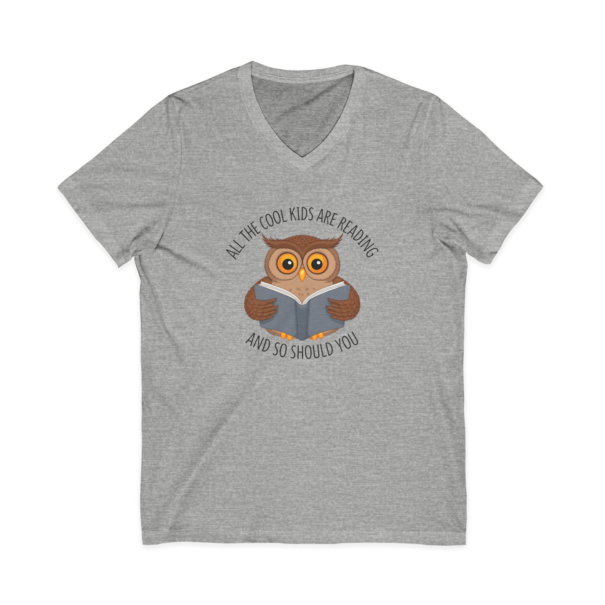 Gray v-neck t-shirt featuring a cartoon owl reading a book with the text All The Cool Kids Are Reading And So Should You.