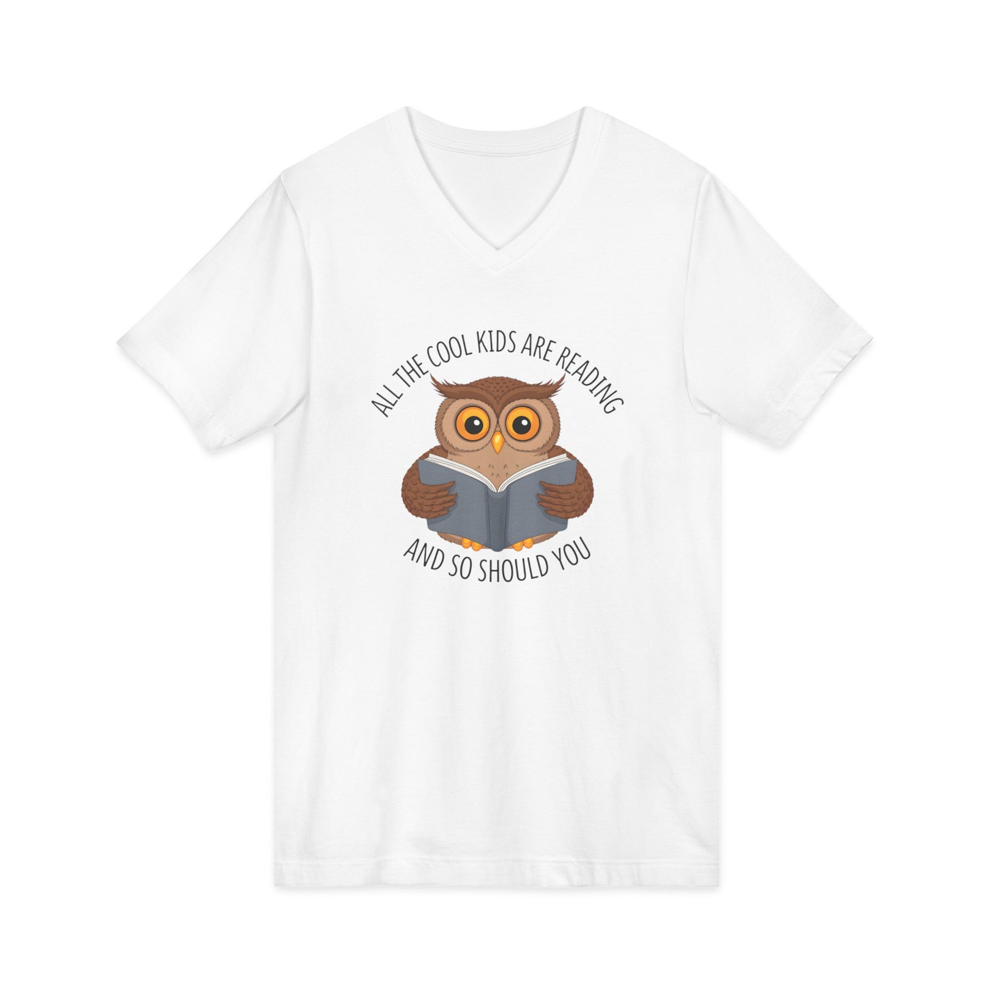 White v-neck t-shirt featuring a cartoon owl reading a book with the text All The Cool Kids Are Reading And So Should You.