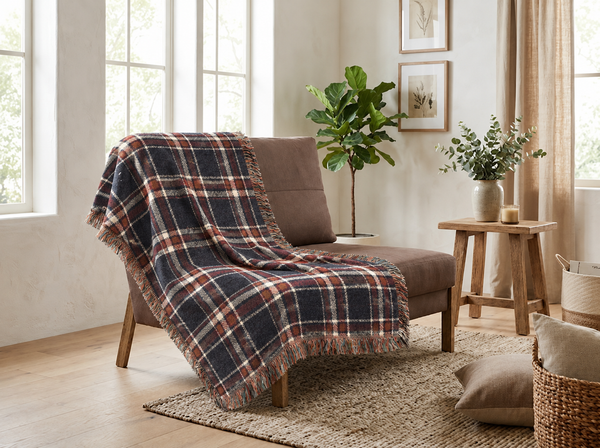 Cozy Navy & Burgundy Plaid Throw Blanket
