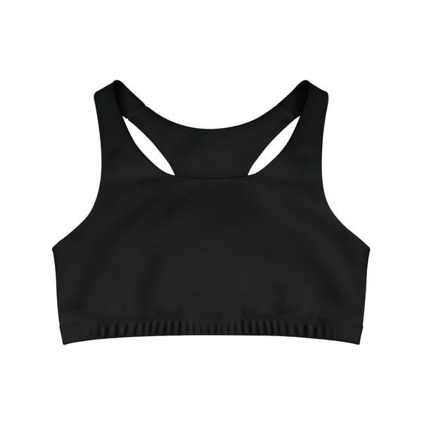 Front view of a black sports bra on a whiite background.