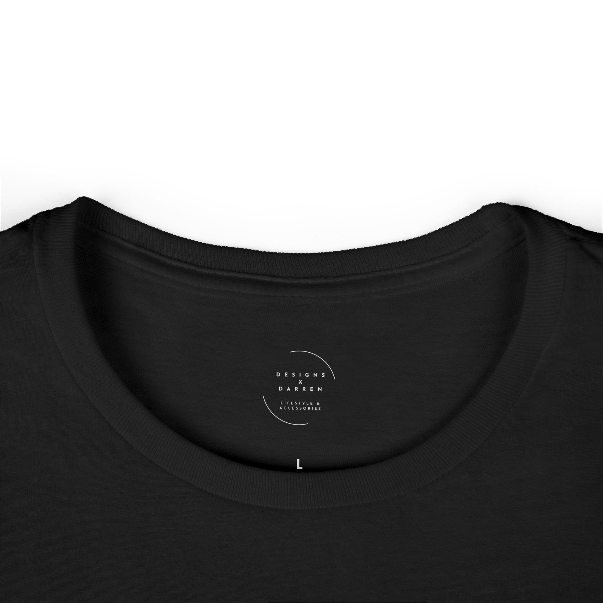 Black t-shirt with Designs X Darren logo on the collar against a white background
