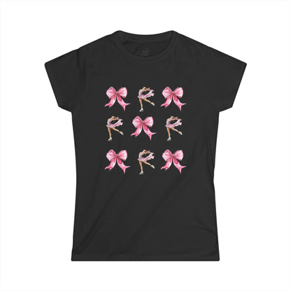 Black t-shirt with watercolor pink bows and figure skater illustration for coquette aesthetic.