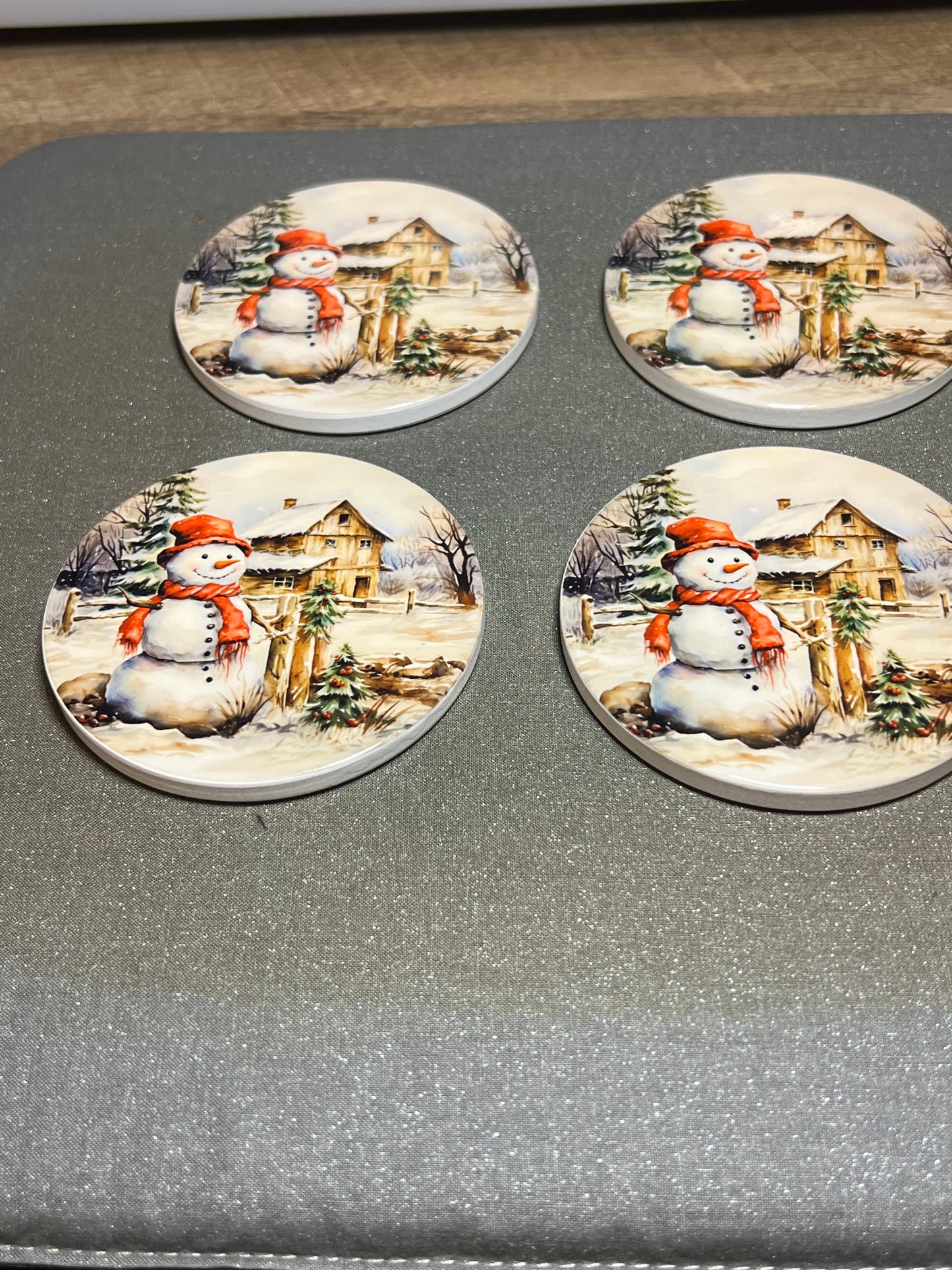 Christmas Snowman Coasters Set | 4” Ceramic Holiday Table Accents