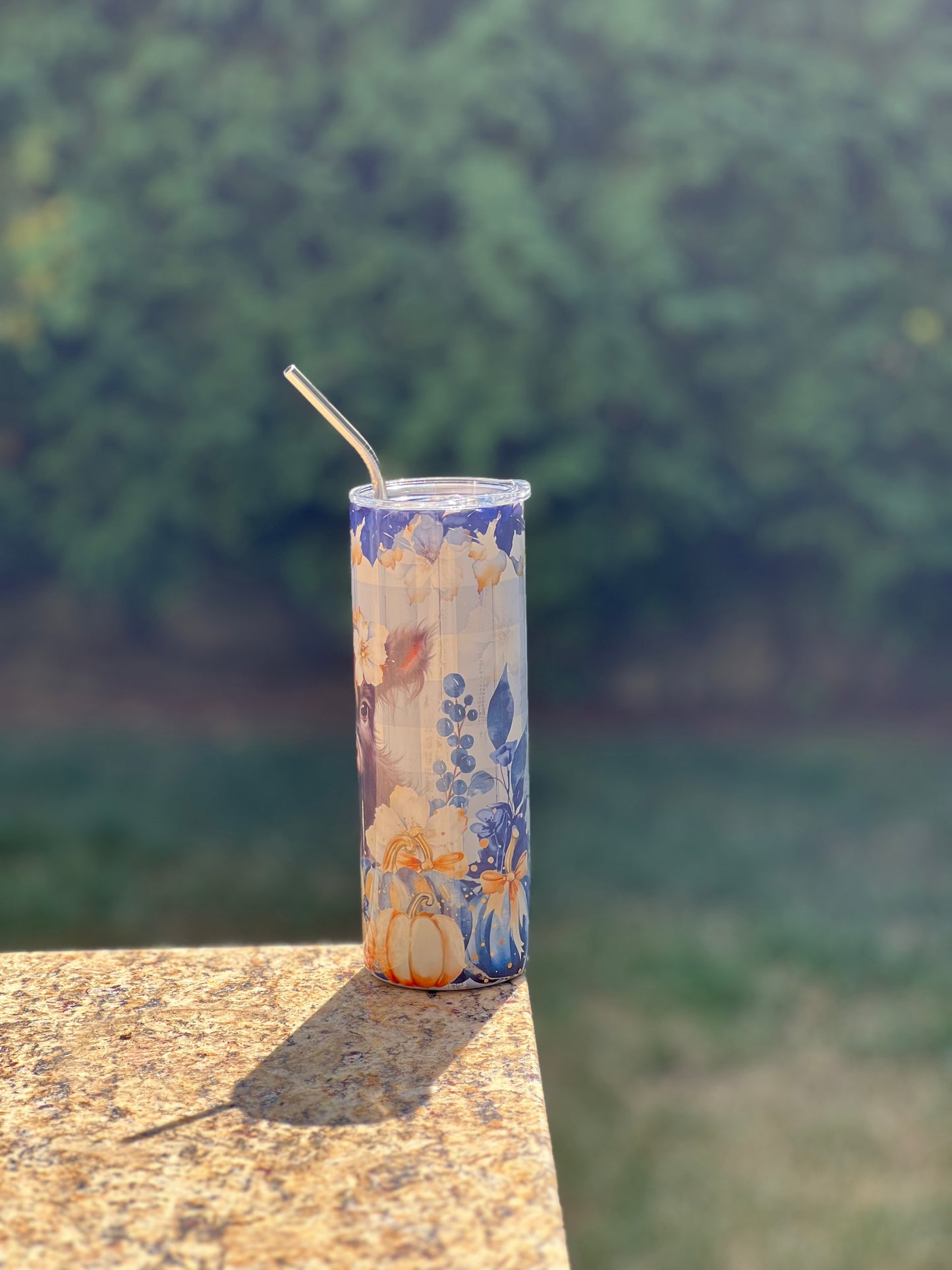 Highland Cow on Blue Flannel 20oz Skinny Tumbler