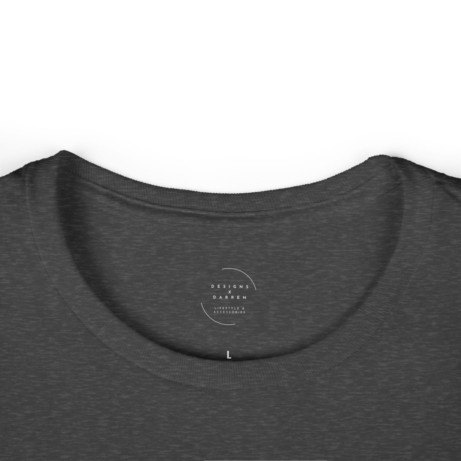 Dark gray t-shirt with a Designs X Darren logo on a white background