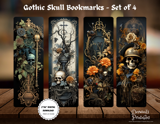 Gothic Skulls Printable Bookmarks Set of 4 for Book Lovers