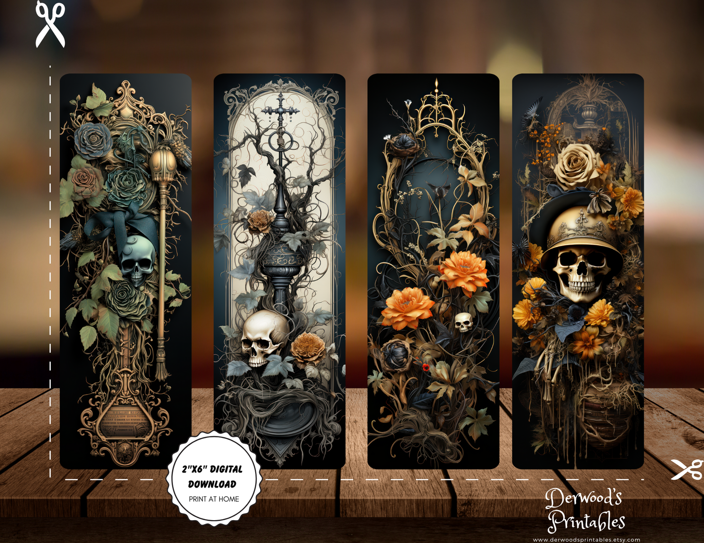 Gothic Skulls Printable Bookmarks Set of 4 for Book Lovers