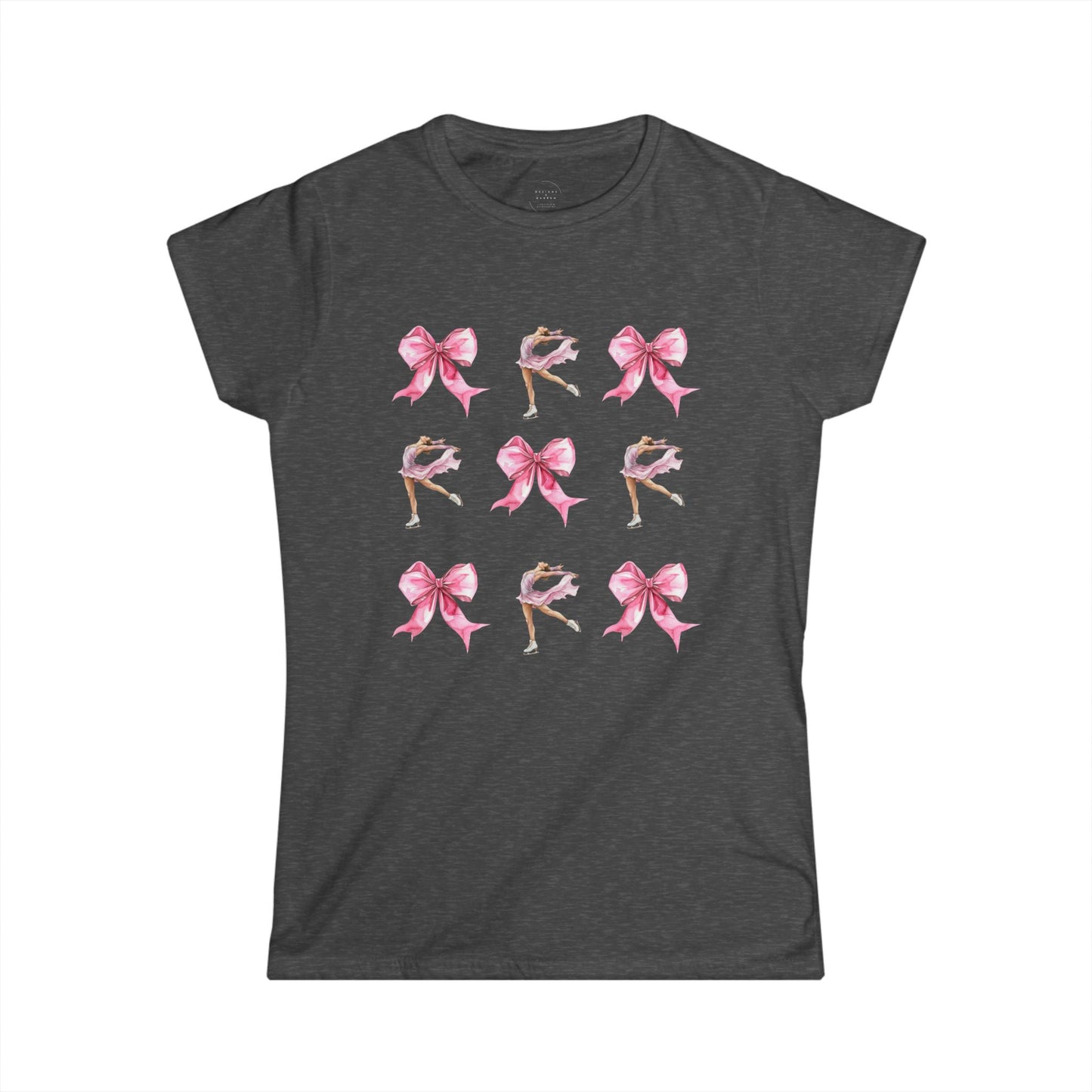 Dark Gray t-shirt with watercolor pink bows and figure skater illustration for coquette aesthetic.