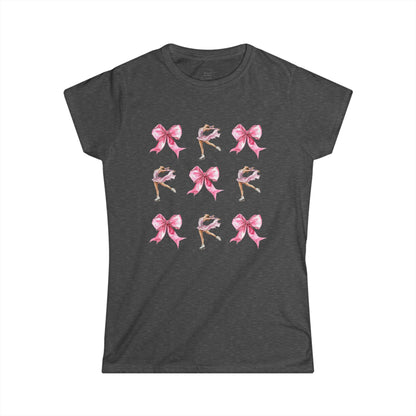 Dark Gray t-shirt with watercolor pink bows and figure skater illustration for coquette aesthetic.