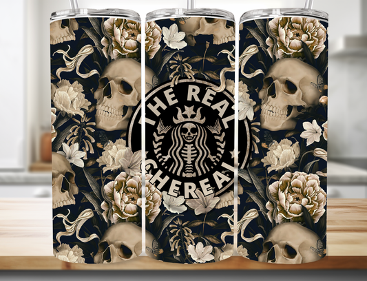 20oz Gothic Floral Skull Skinny Tumbler - Dark Coffee Aesthetic