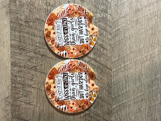 Funny Mom of Boys Ceramic Car Coaster Set – Absorbent Floral Auto Cup Holder Coasters (Set of 2)