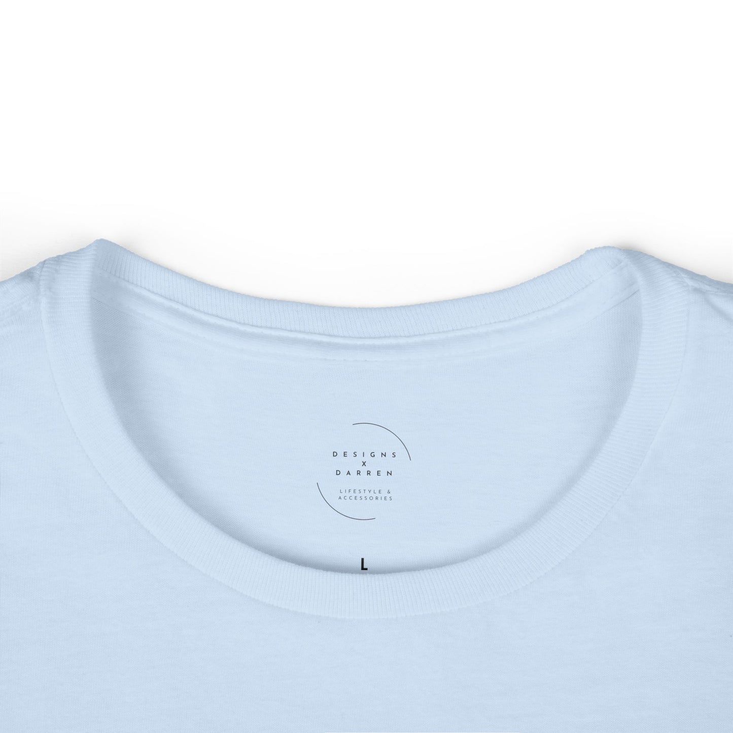 Light blue t-shirt with Designs X Darren logo on a white background