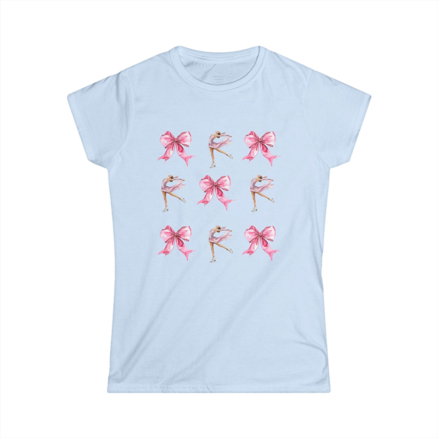 Light Blue t-shirt with watercolor pink bows and figure skater illustration for coquette aesthetic.