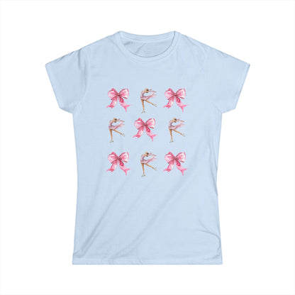 Light Blue t-shirt with watercolor pink bows and figure skater illustration for coquette aesthetic.
