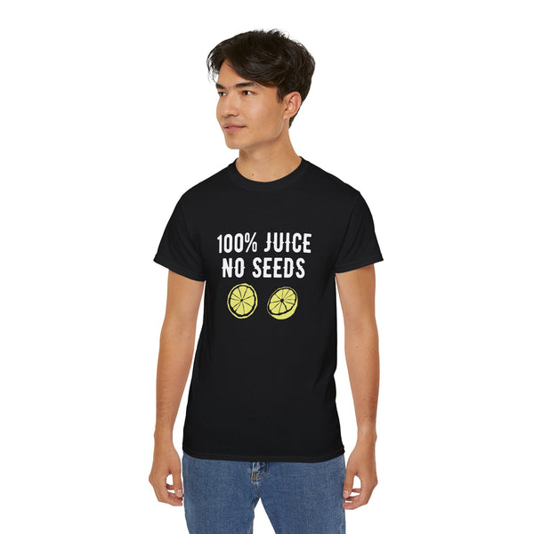 Man wearing a t-shirt featuring the phrase '100% Juice No Seeds' with a graphic of two lemon halves, perfect for a fun and zesty look.