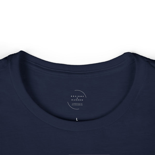 Navy blue t-shirt with Designs X Darren logo on the collar against a white background