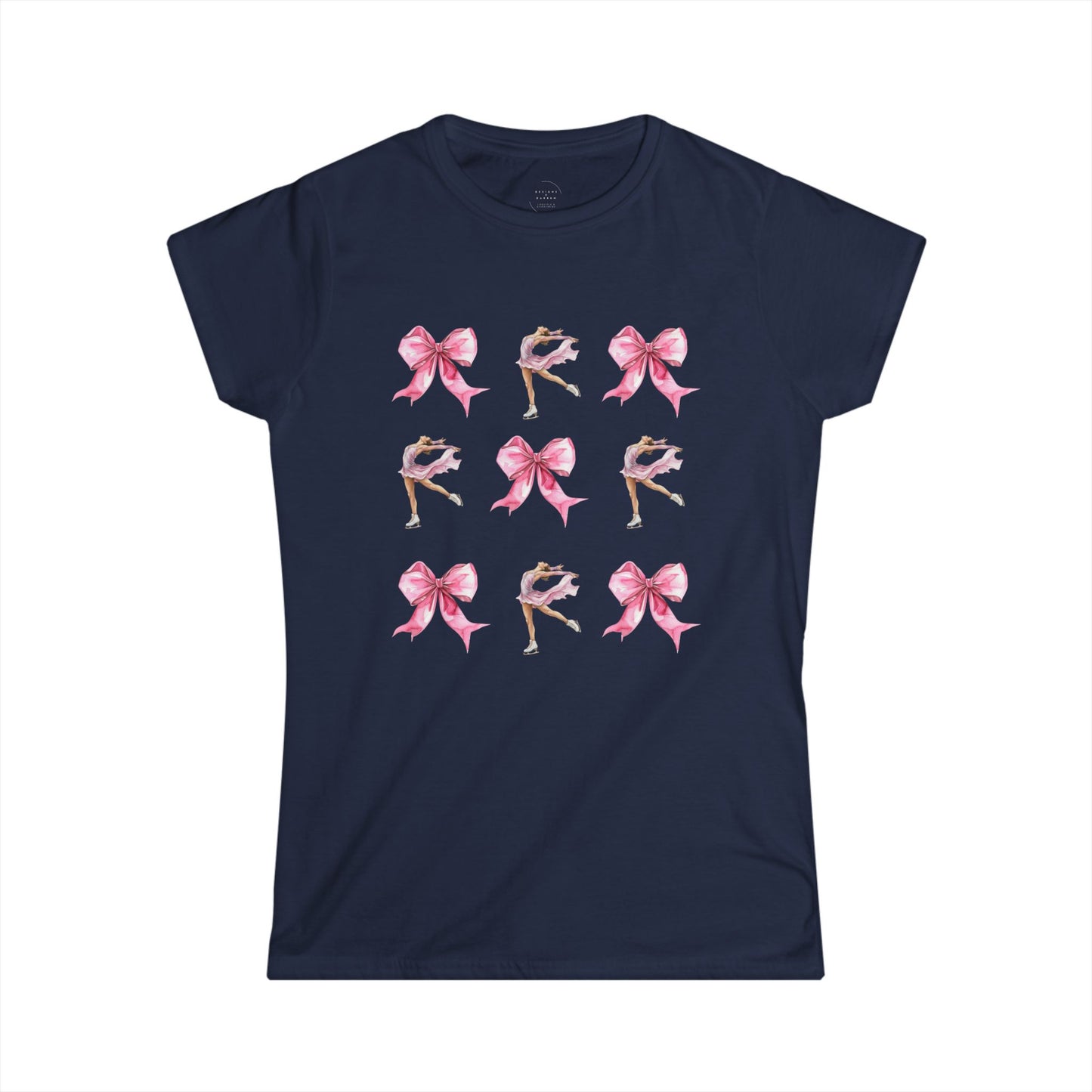 Navy Blue t-shirt with watercolor pink bows and figure skater illustration for coquette aesthetic.